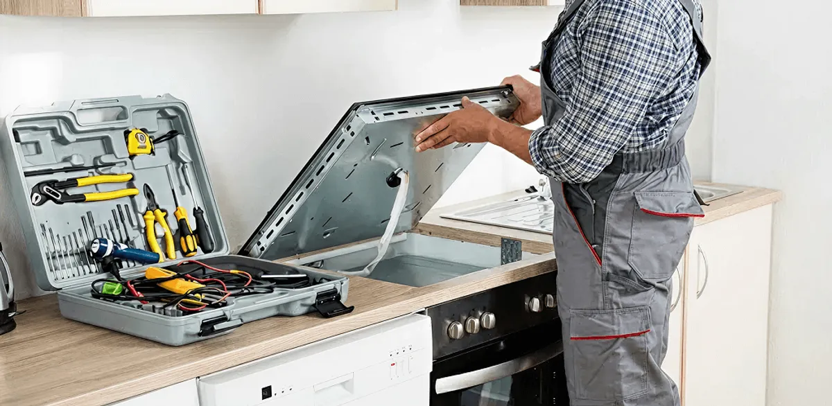Handyman repairing a cooktop and checking wiring connections in Salt Lake City, UT