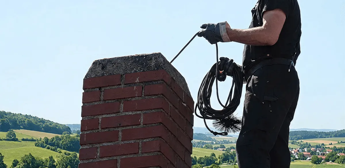Chimney sweep inspecting and cleaning a rooftop chimney in Salt Lake City, UT