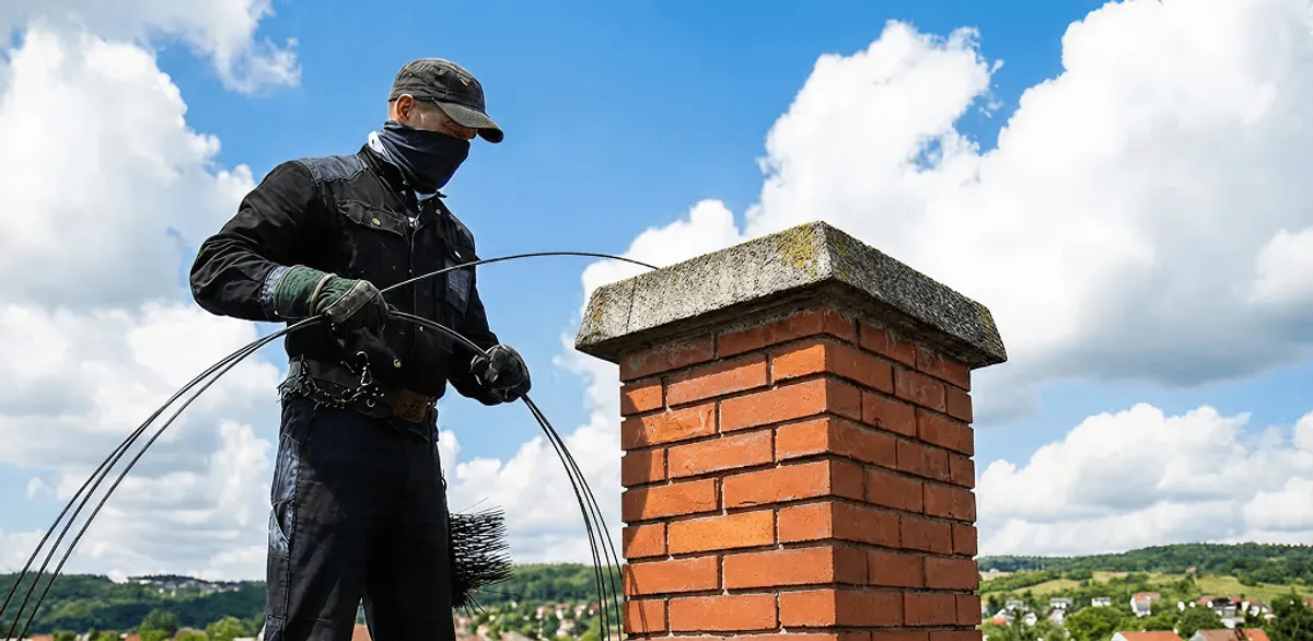 Chimney sweep cleaning a brick chimney with professional tools in Salt Lake City, UT