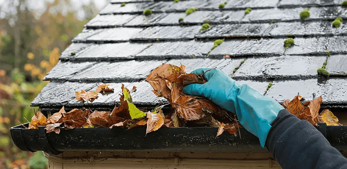 Gutter cleaning technician clearing wet leaves from roof gutters in Salt Lake City, UT
